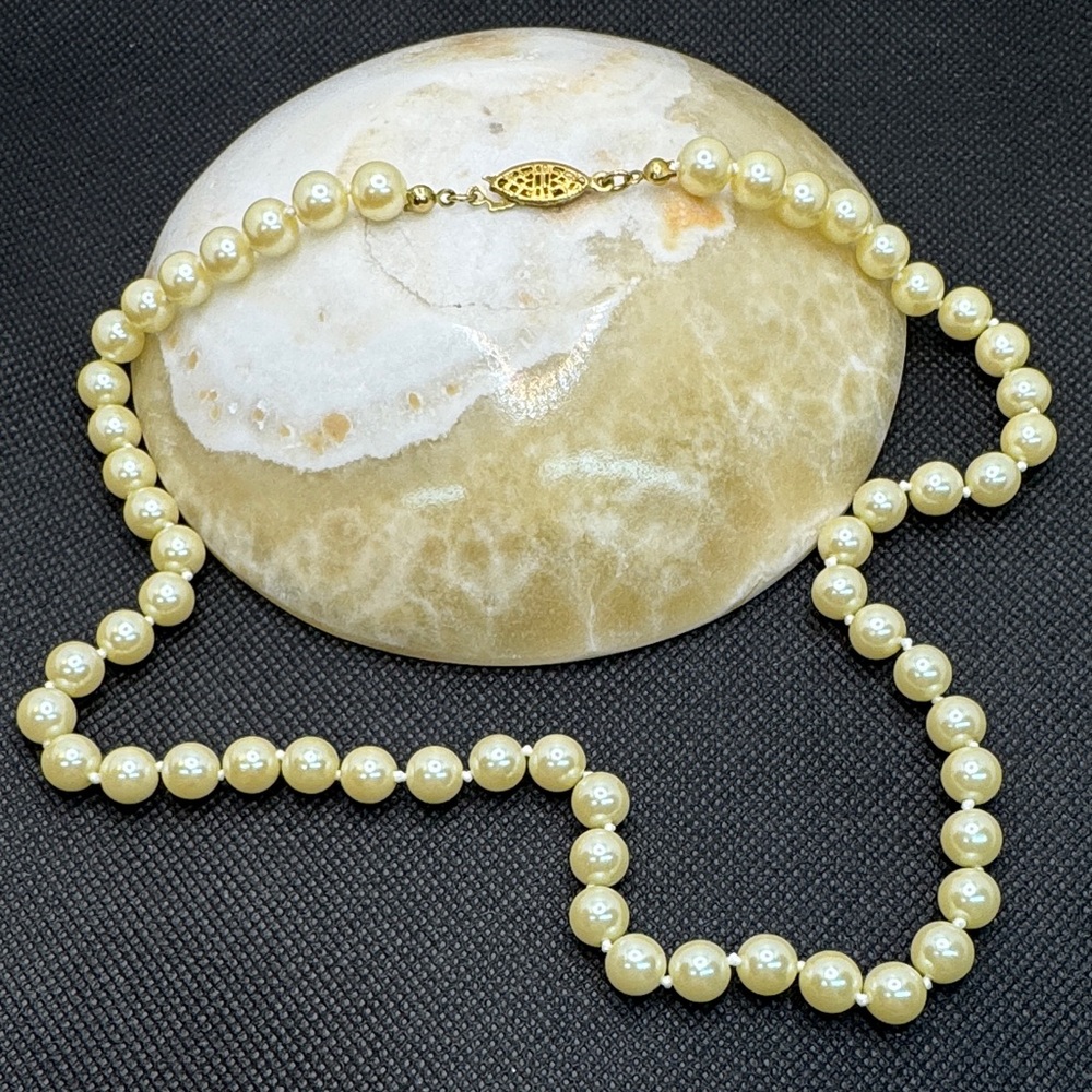 Vintage Signed Avon Hand Knotted Cream Pearl Necklace Strand Gold Tone Clasp